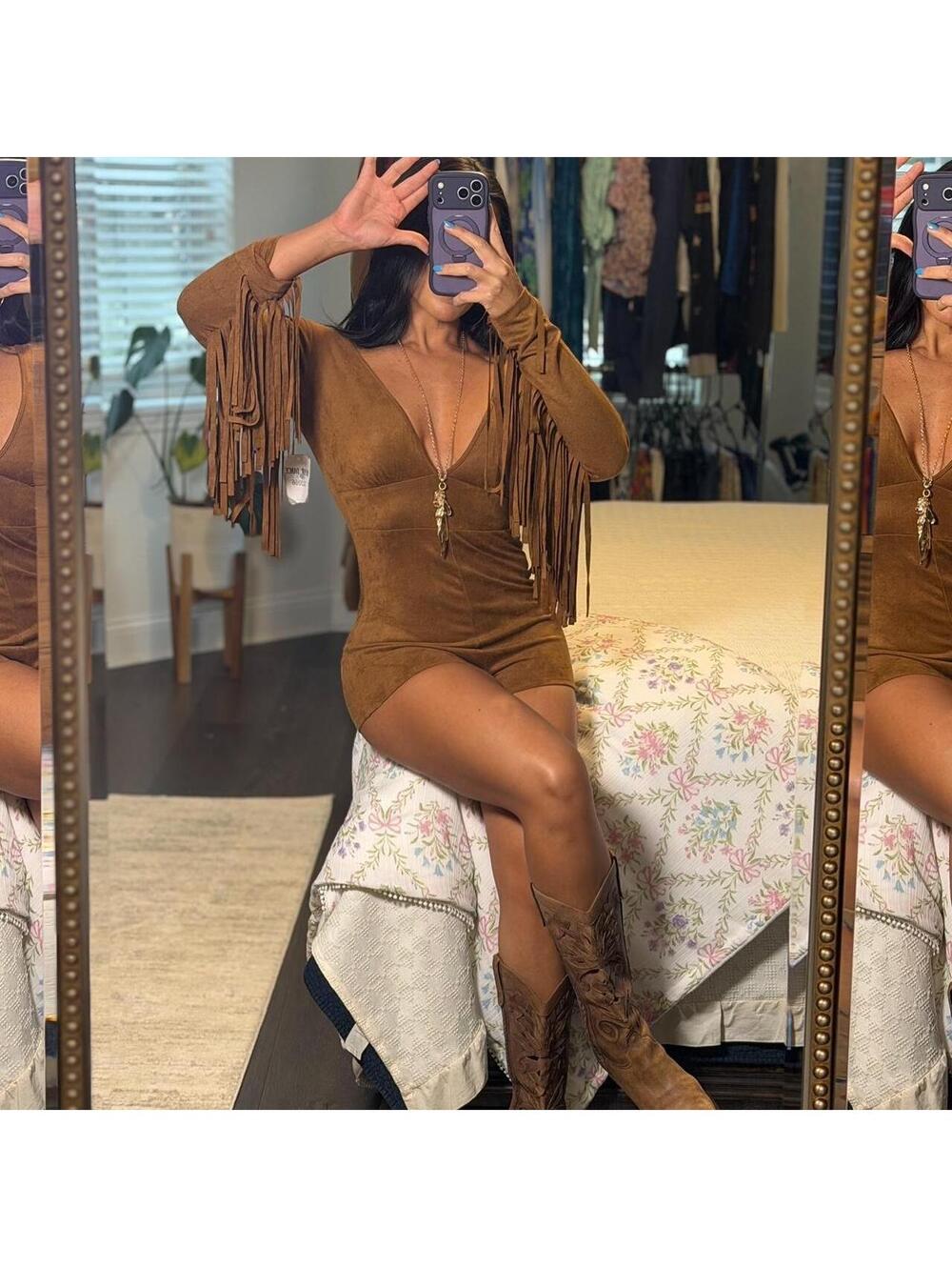 Bear Dance Brown Faux Suede Fringe Romper Western Festival Cowgirl NWT S